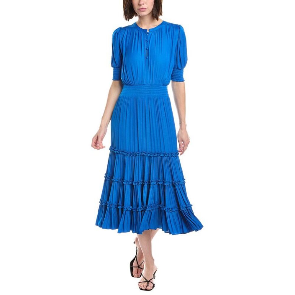 tahari blue dress T Elbow Sleeve Split Neck Tiered Midi Size:13.5 Perfect for weddings P_60 Open Back Black Tango